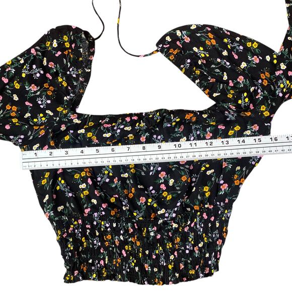 Revolve AFRM Soph Black Ditsy Floral Smocked Peasant Crop Top SZ S - Picture 11 of 14